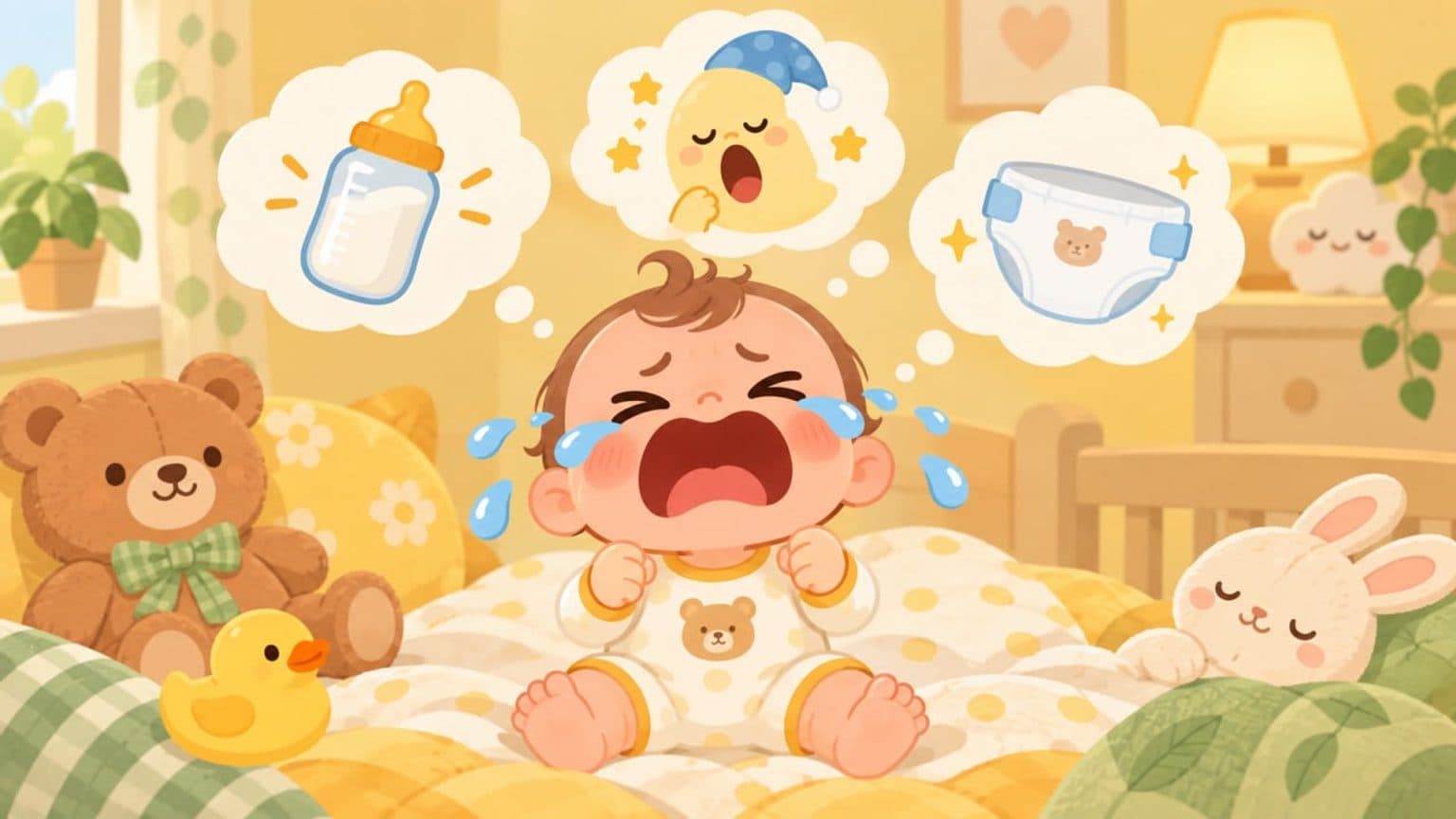 울음 원인을 아이콘으로 보여주는 아기 일러스트