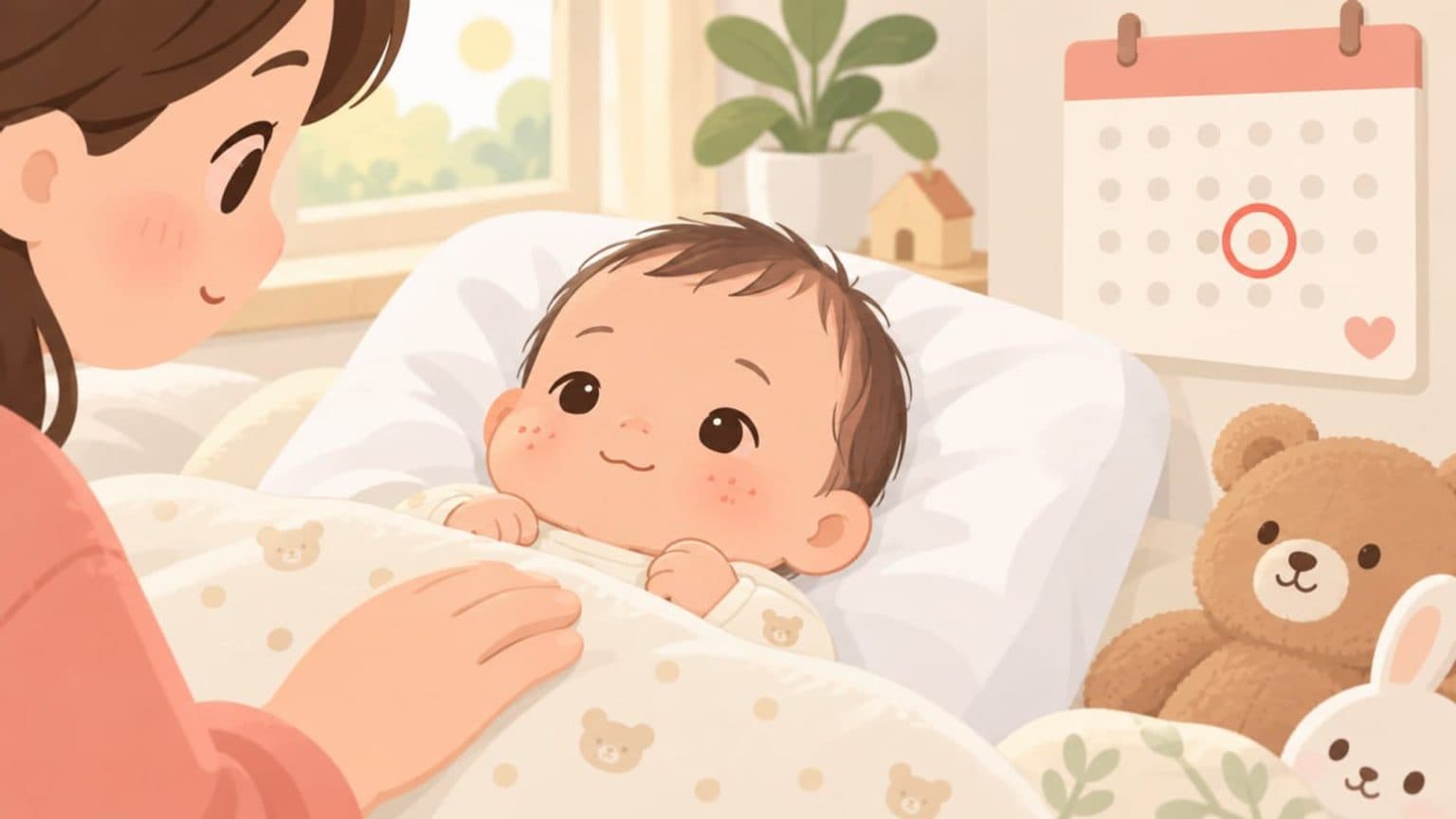 볼에 오돌토돌 발진이 난 아기와 달력 일러스트