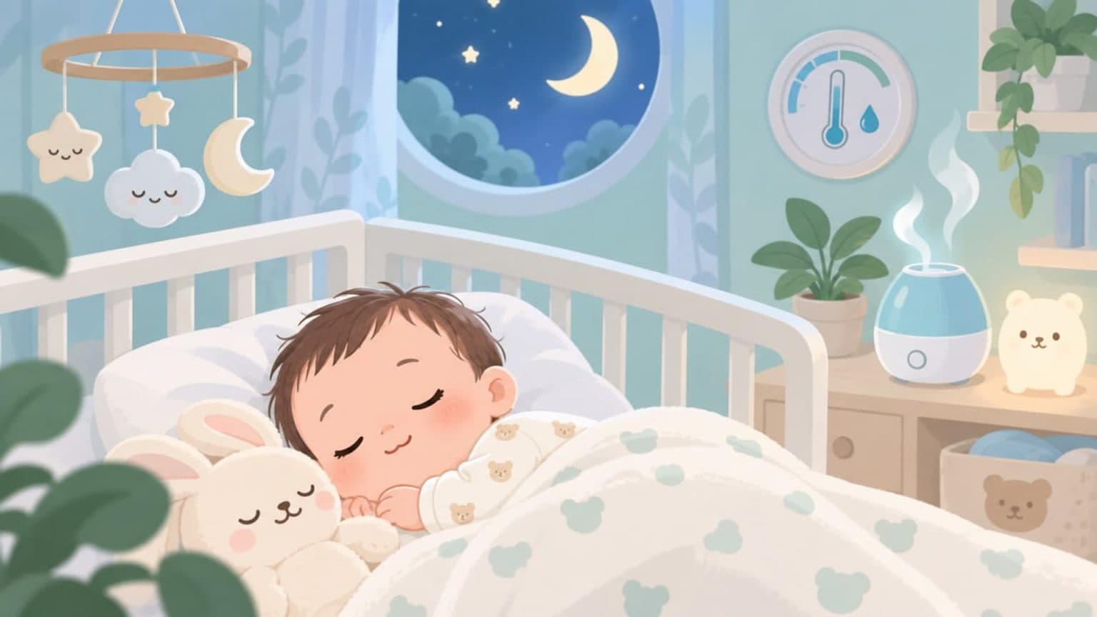온도계·가습기와 시원한 방에서 자는 아기 일러스트
