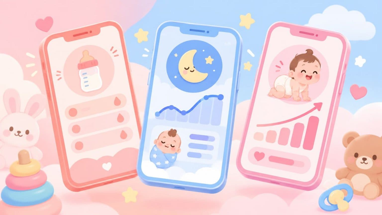 육아 기록 앱들을 비교하는 스마트폰 일러스트