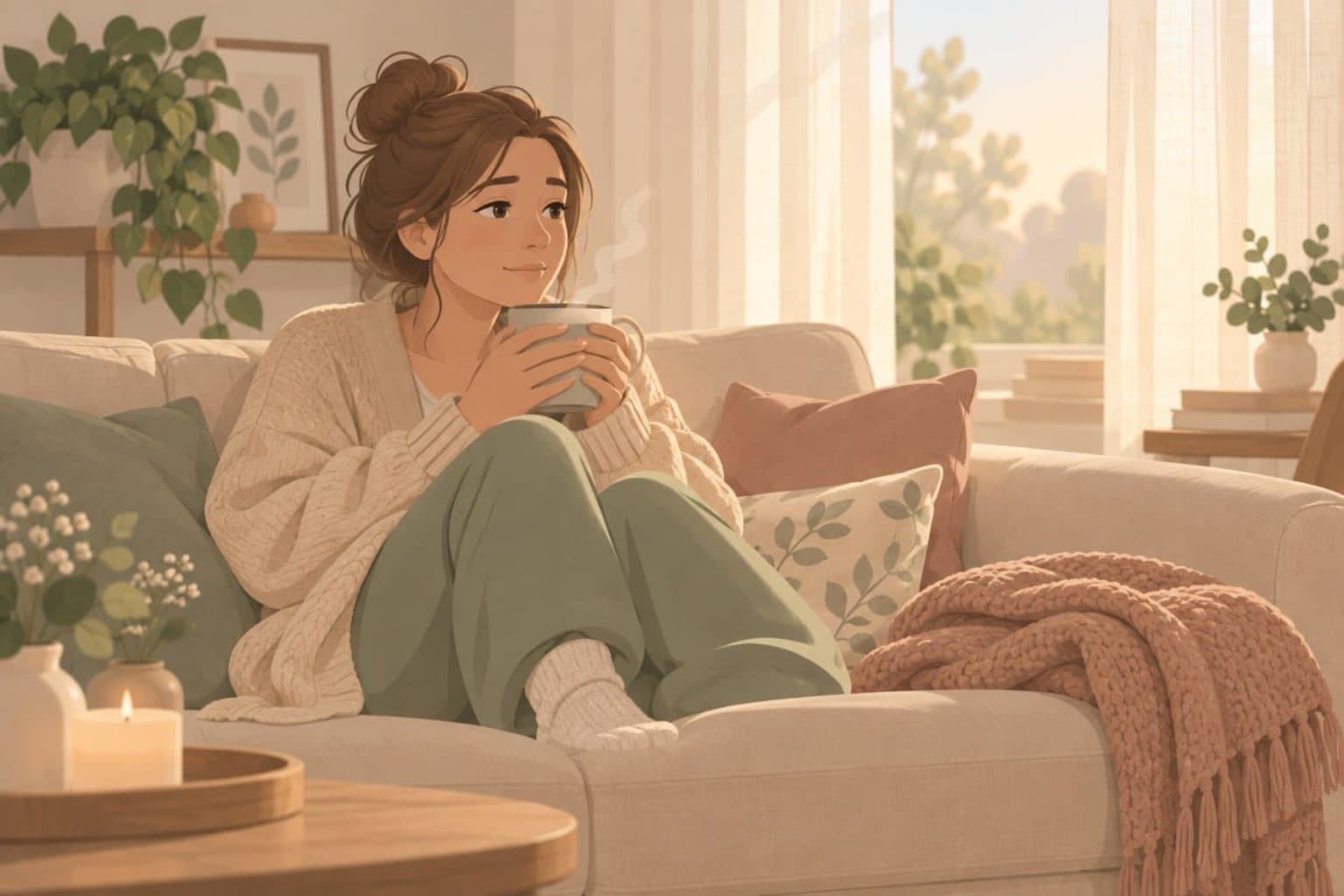 소파에서 차를 마시며 쉬는 엄마 일러스트