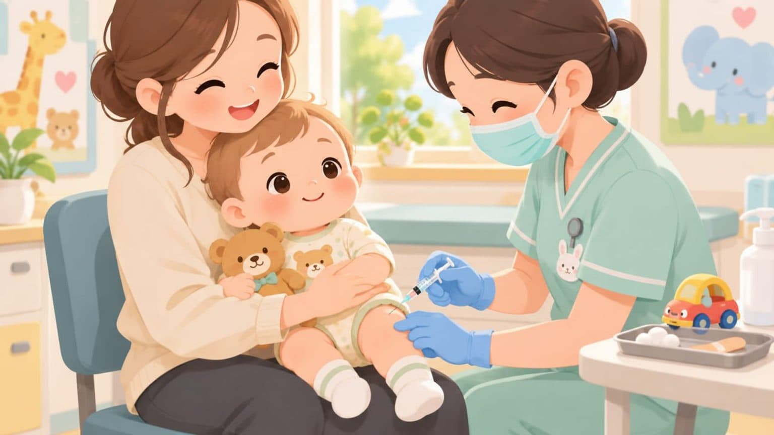 엄마 품에서 예방접종받는 아기 일러스트