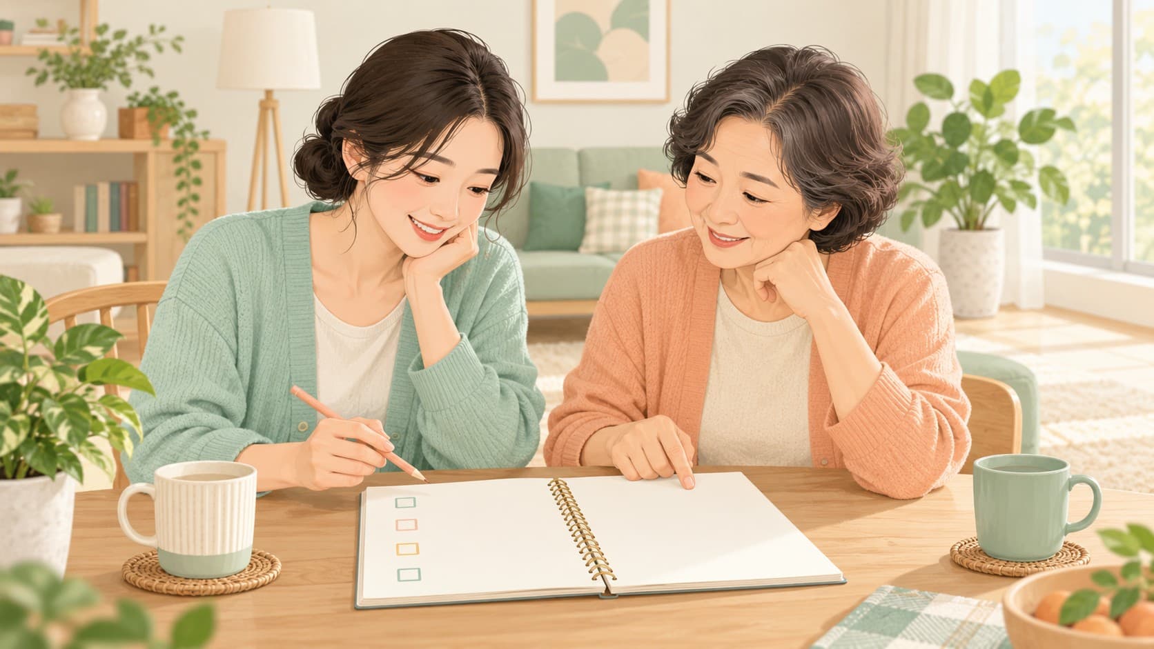 두 성인 보호자가 아기 돌봄 메모를 함께 확인하는 일러스트