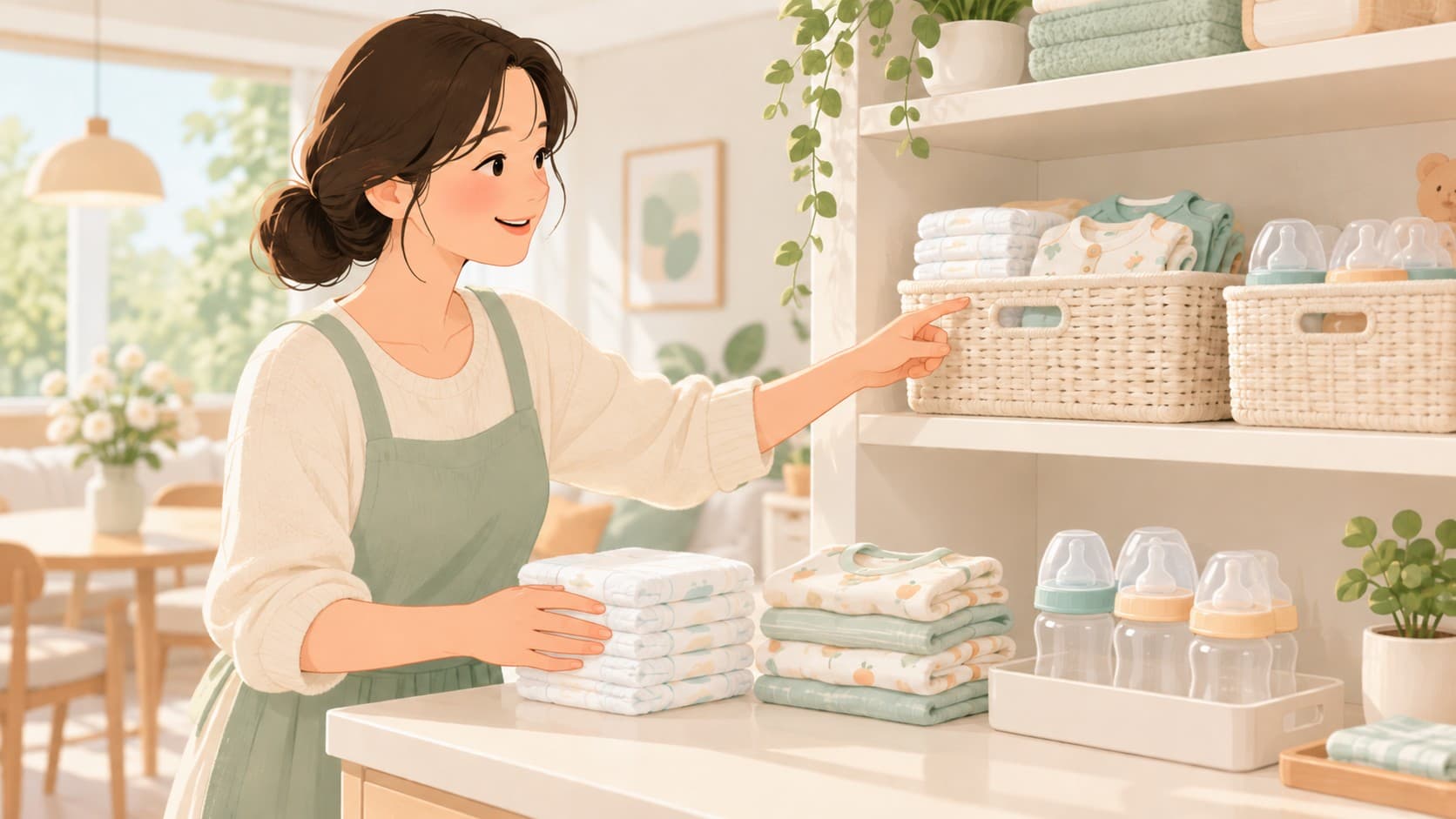 보호자가 기저귀와 여벌옷 등 돌봄 용품을 정돈하고 위치를 확인하는 일러스트