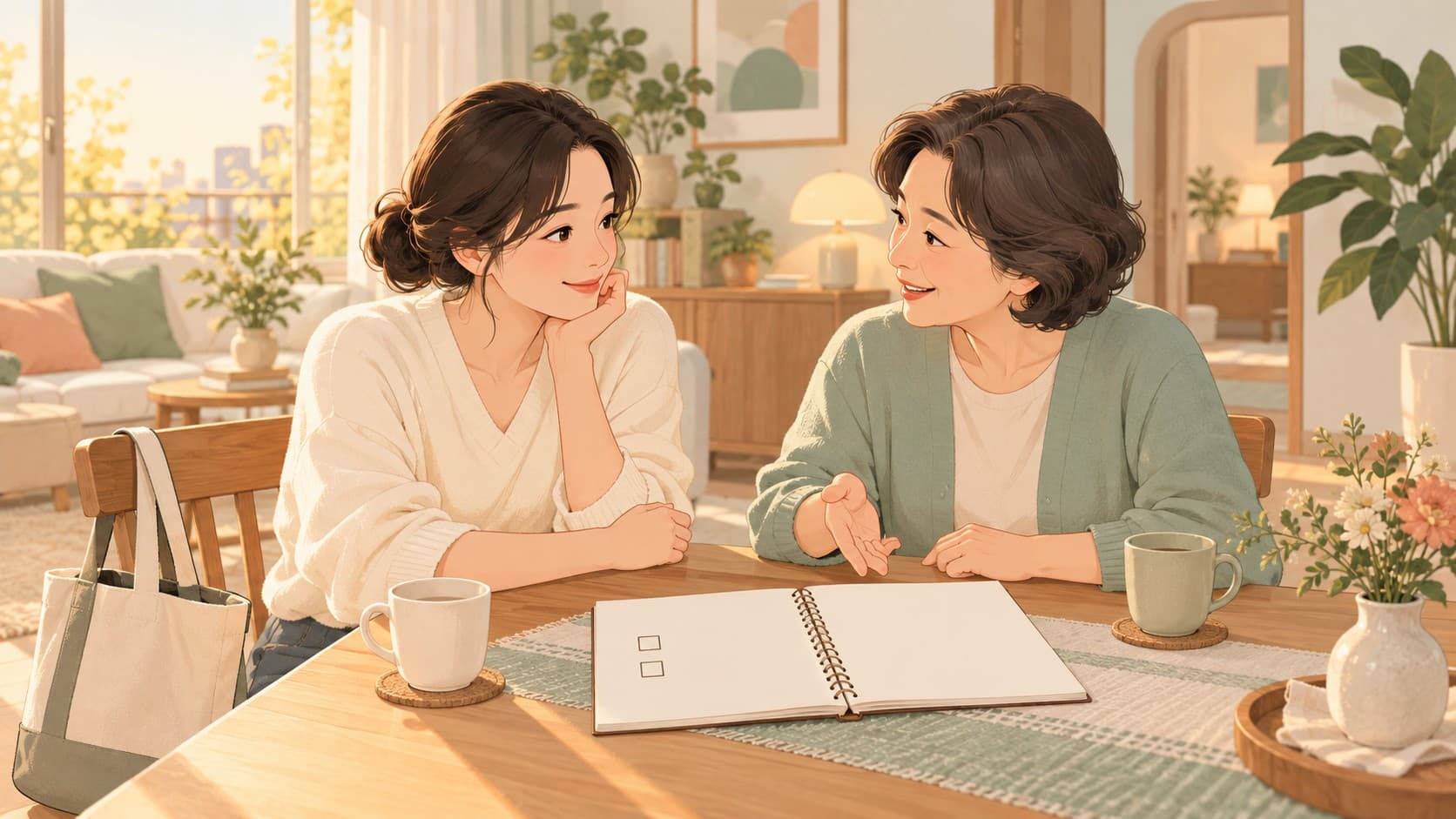 귀가한 보호자와 돌봄 담당자가 오늘 남긴 기록을 함께 확인하는 일러스트