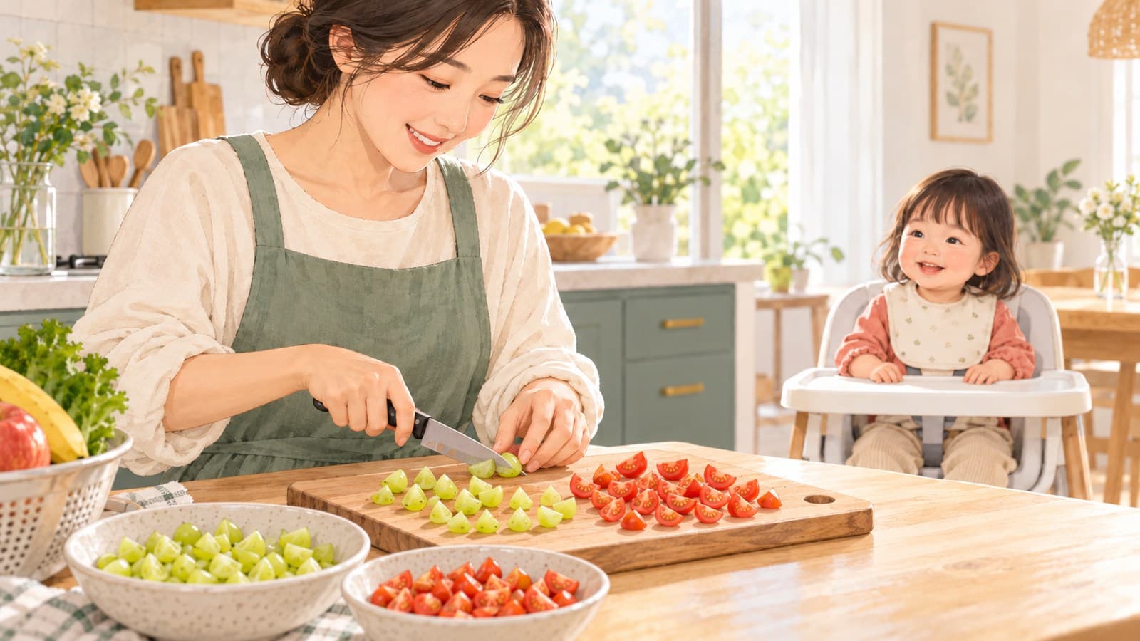 보호자가 아이에게 닿지 않는 도마에서 포도와 방울토마토를 작은 조각으로 손질하는 모습
