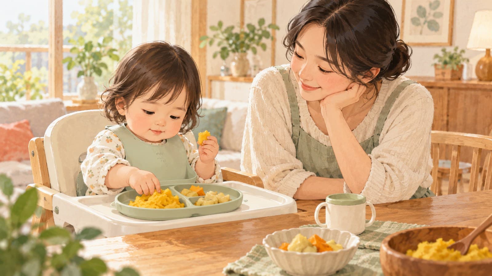 보호자가 하이체어에 앉은 아이 곁에서 간식을 지켜보는 평온한 식사 시간