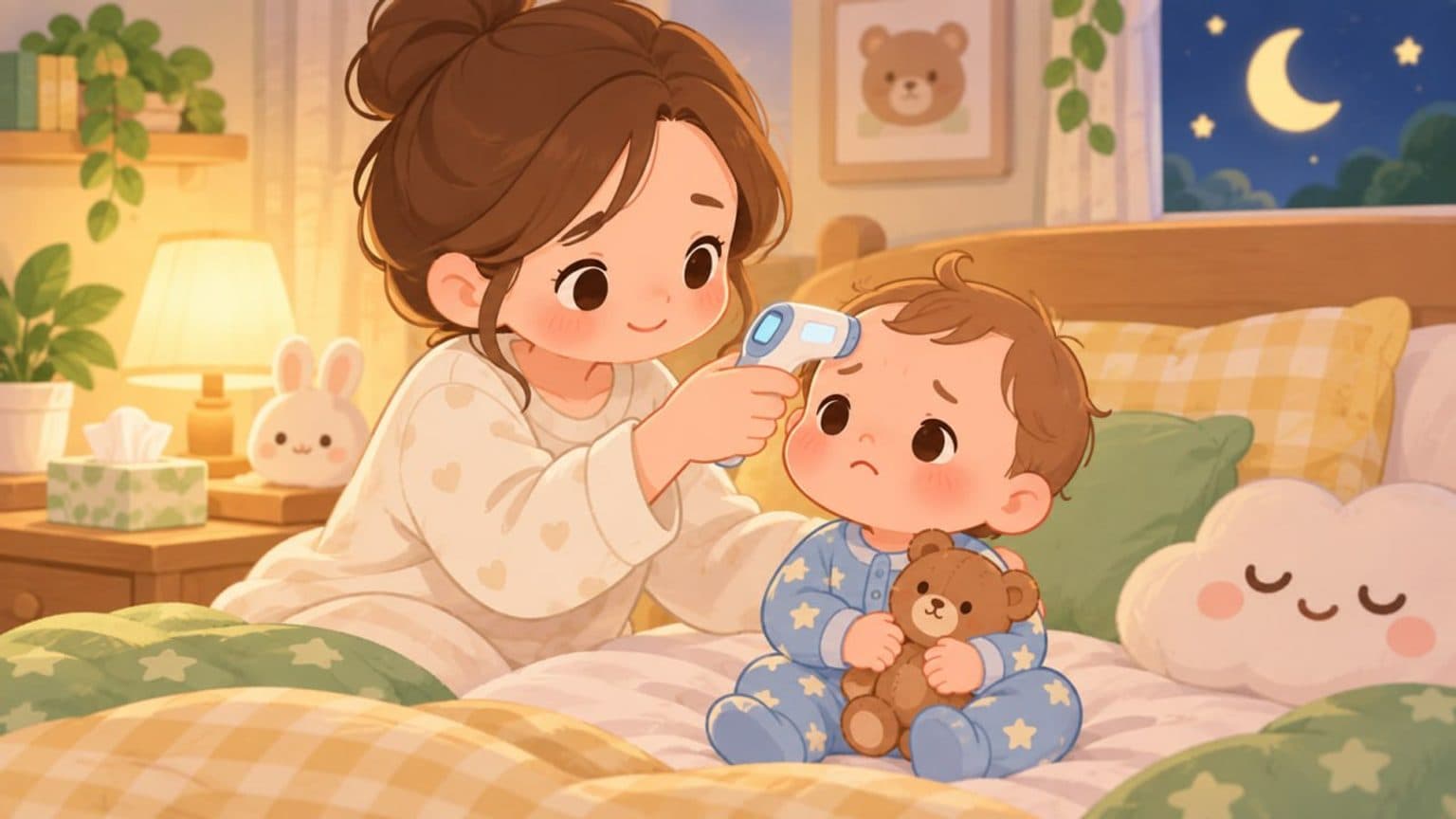 아기 이마에 체온계를 대는 엄마 일러스트