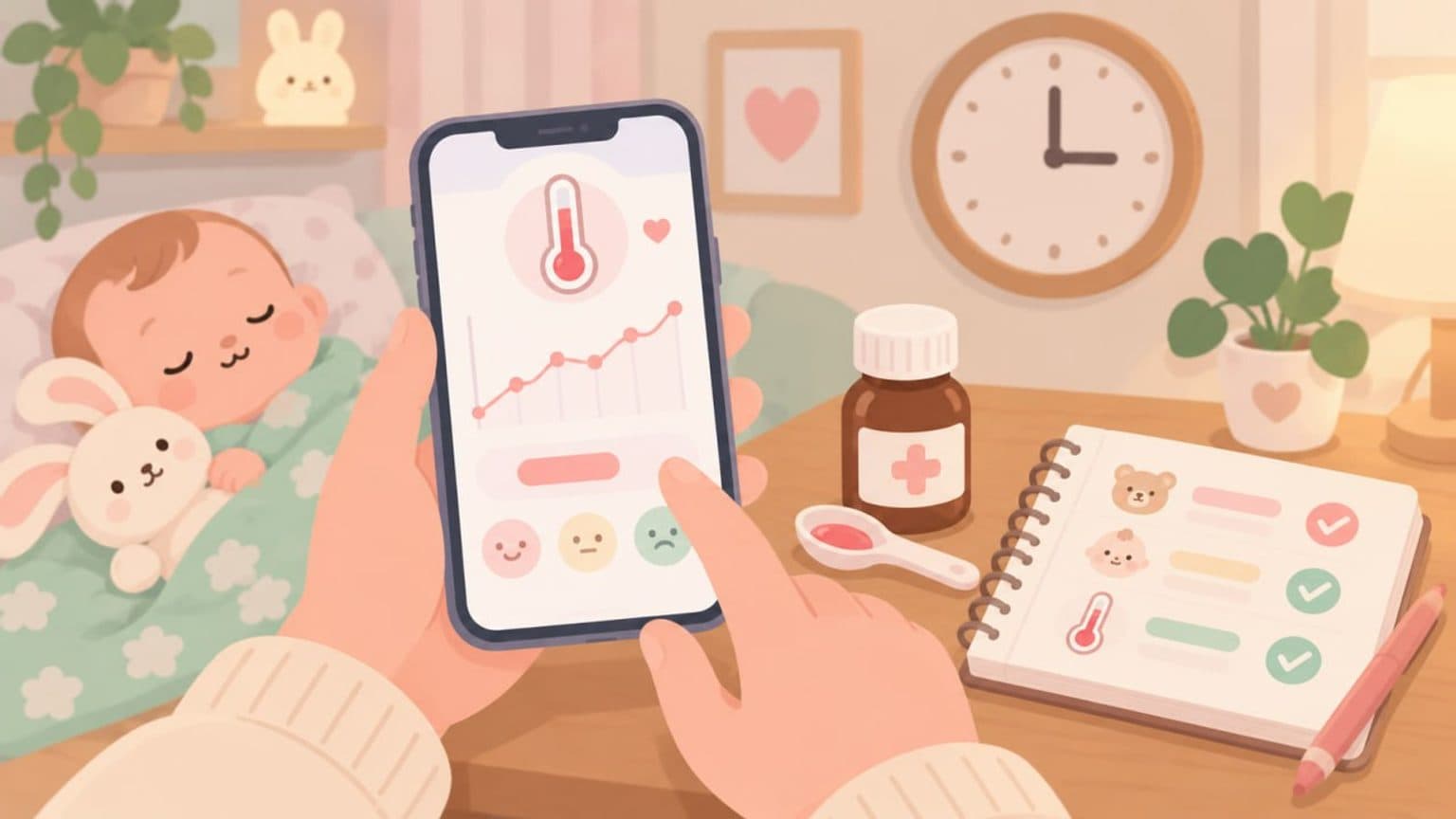체온 기록을 스마트폰에 남기는 부모 일러스트