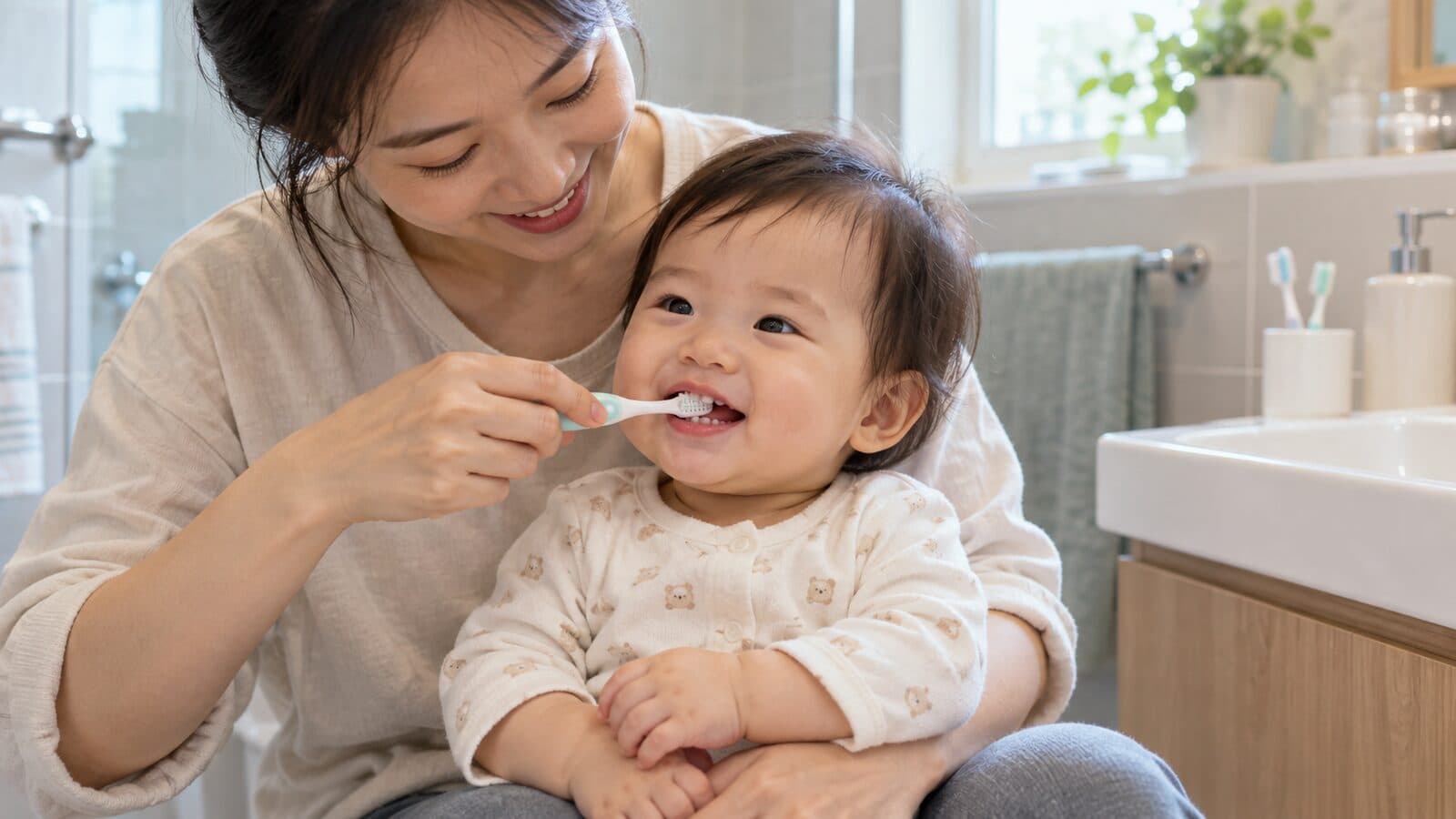 보호자가 무릎에 앉은 아기의 앞니를 작은 칫솔로 부드럽게 닦아주는 모습
