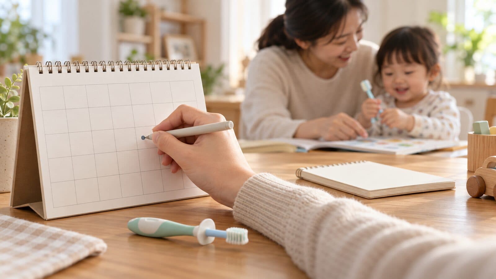 보호자가 탁상 달력에 표시를 하고, 옆에서 아이가 칫솔을 든 채 함께 있는 모습