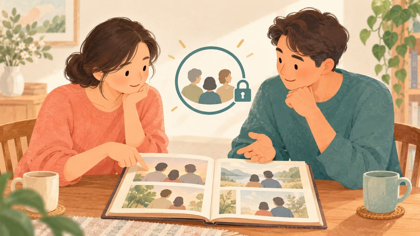 사진 앨범을 보며 가족 안에서 사진을 공유할 범위를 의논하는 두 보호자 일러스트