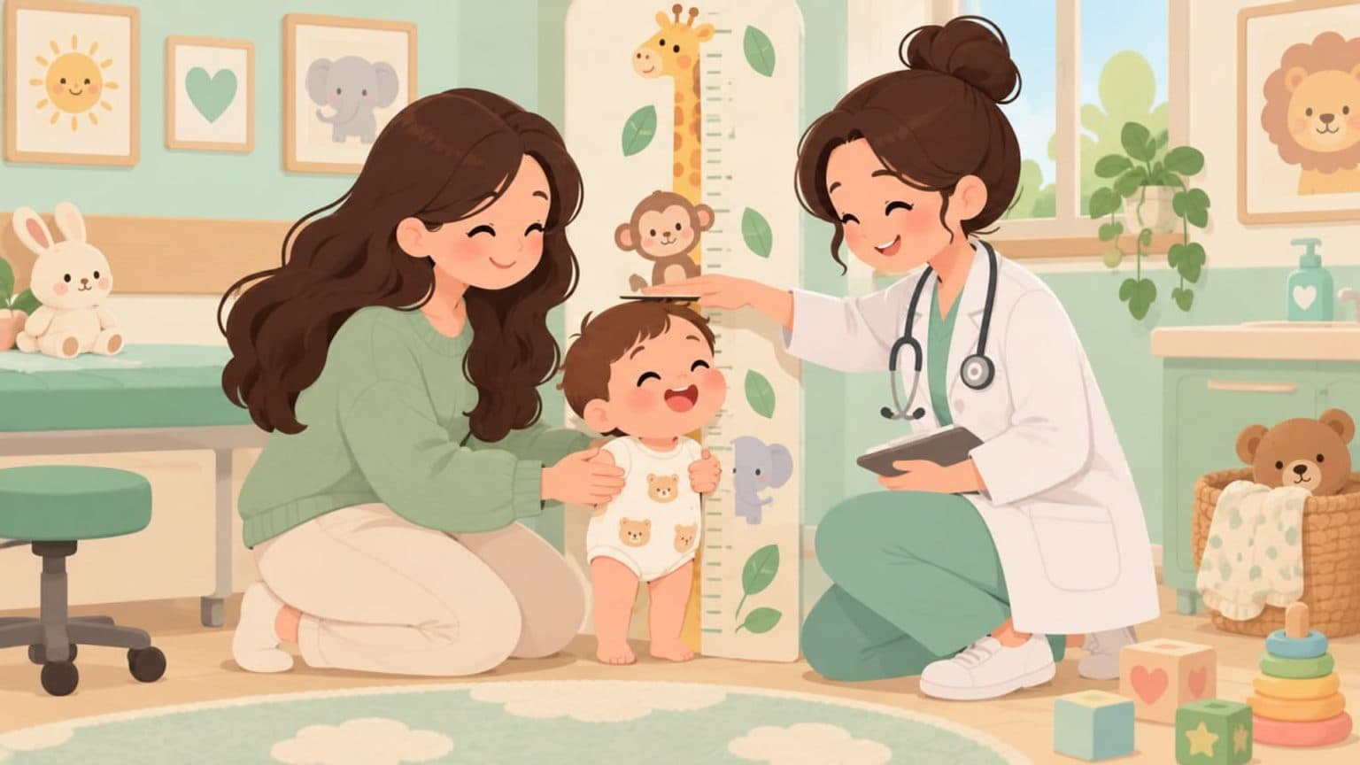 영유아 건강검진에서 키를 재는 아기 일러스트