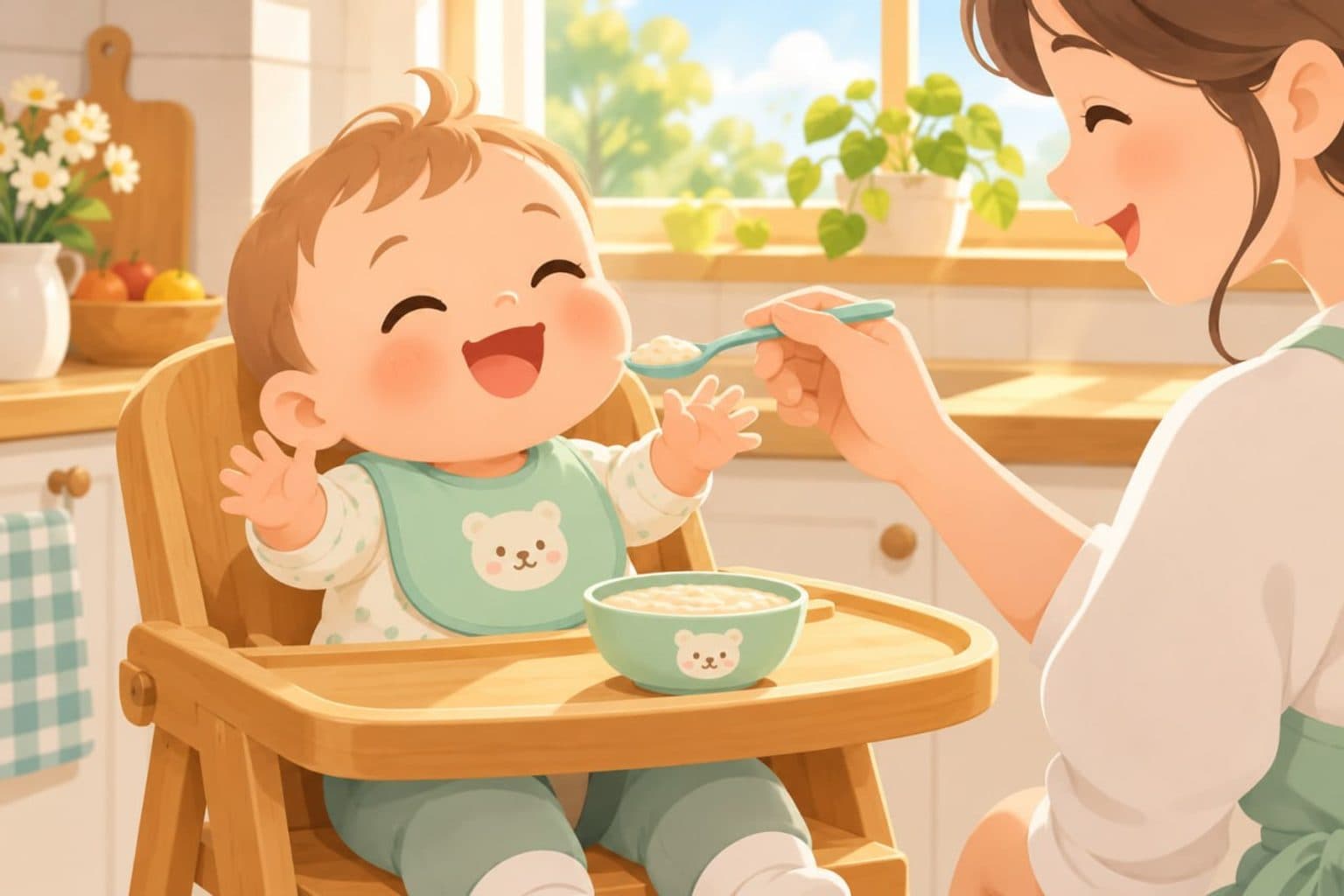 하이체어에서 이유식을 먹는 아기 일러스트